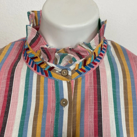 Xirena Pink Sunrise Banded Neck Long Sleeve Ruffle Striped Jensen Shirt Size S - Picture 5 of 12